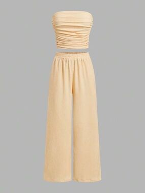SHEIN Pale Yellow Wide-Leg Elastic Waist Pants